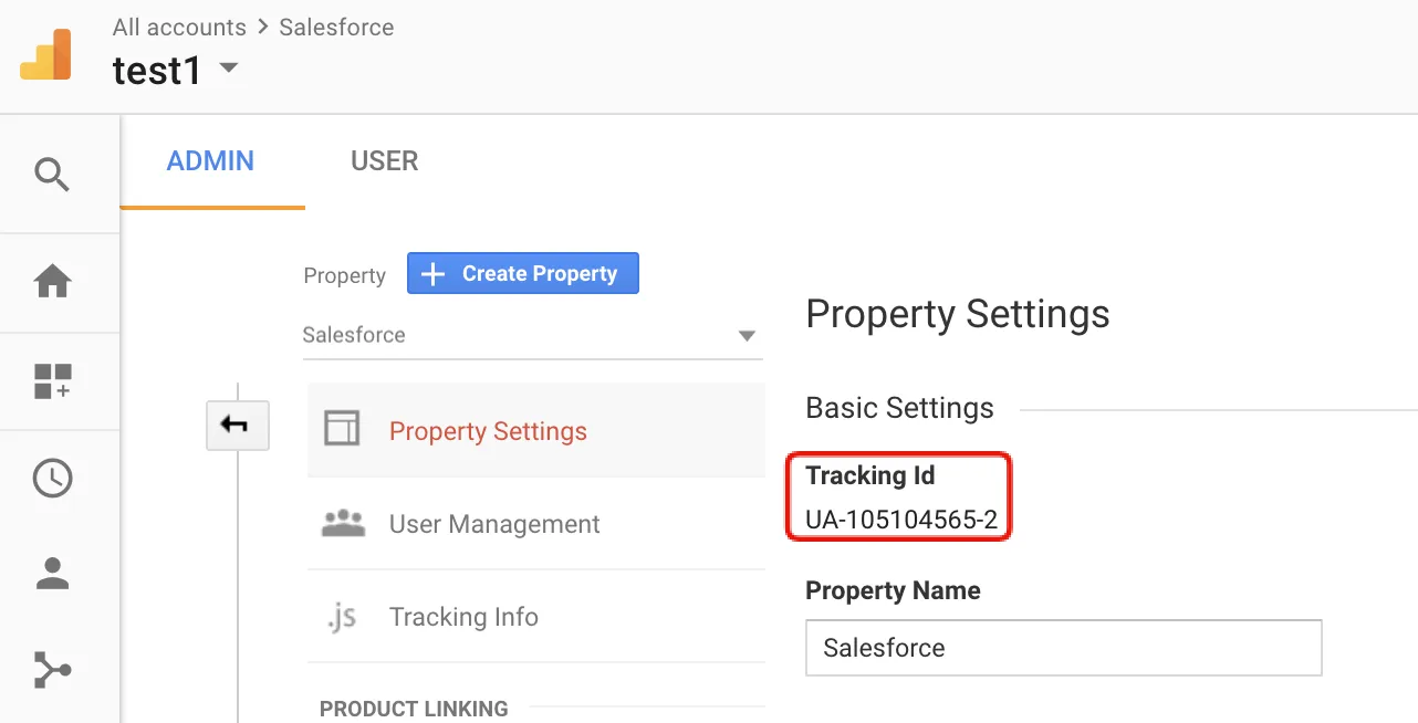 Example of Google Analytics admin settings with a tracking ID